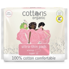 Cottons Organic Pads Ultra Thin With Wings Super 12 Pieces